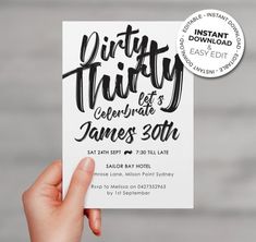 a hand holding up a card that says dirty thirty celebration