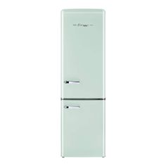 a green refrigerator freezer sitting on top of a white floor next to a wall