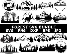 the forest svg bundle includes trees, mountains and other things in black and white