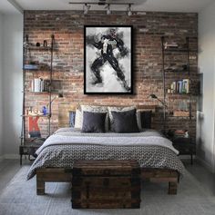 a bedroom with brick walls and a bed