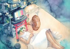 a watercolor painting of a woman laying on the ground next to a television set