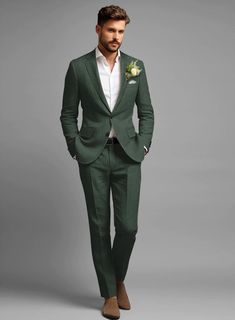 Martini Green Pure Linen Suit – StudioSuits Green Suit For Groom, Mens Elopement Attire, Male Wedding Outfit, Hunter Green Suit, Forest Green Suit, Green Linen Suit, Green Tux, Dark Green Suit, Green Suit Men