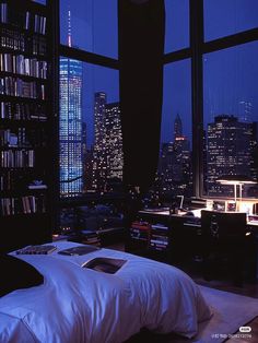 a bedroom with a large window overlooking the city at night and bookshelves on the wall