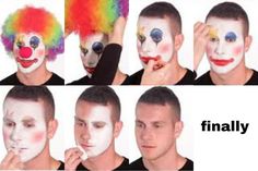 four different pictures of a man with clown makeup on his face and the words finally