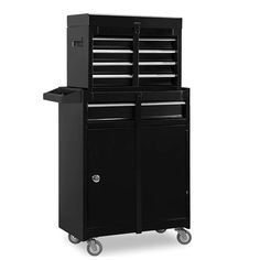 a black tool cabinet with drawers on wheels