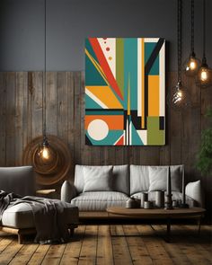 a modern living room with wood paneling and artwork on the wall above the couch