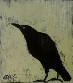 a painting of a black bird sitting on top of a table