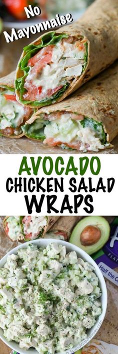 avocado chicken salad wraps with mayonnaise on top and in the middle