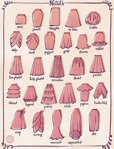 an old fashion diagram showing different types of skirts and dresses for women in pinks