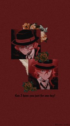 an anime character with red hair wearing a fedora and holding a rose in his hand