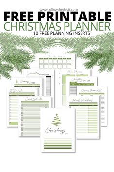 the free printable christmas planner is shown with pine branches and evergreen leaves on it