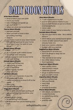 Discover daily moon rituals tailored to each zodiac sign! 🌙✨ Enhance your spiritual practice with personalized rituals that align with your astrological sign. From Aries to Pisces, find unique ways to connect with lunar energy every day. Whether you seek self-care, manifestation, or emotional balance, these rituals will help you harness the power of the moon and the stars. Perfect for witchy planners and astrology enthusiasts. #MoonMagic #ZodiacRituals #DailyMoonRituals #AstrologyMagic #WitchyTips #LunarEnergy #SpiritualPractice #AstroWitch #ZodiacMagic #MoonPhases #AstrologyLovers #WitchLife Moon Rituals Witchcraft, Last Quarter Moon Ritual, Beaver Moon Ritual, Spoonie Witch, Rituals Witchcraft, Astrology Magic, Full Moon Rituals, New Moon Ritual, Every Witch Way