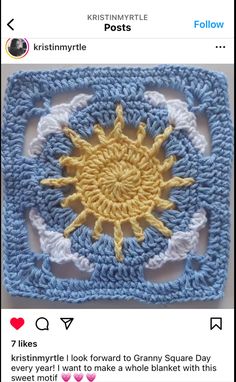 a crocheted square with the sun on it's center, and text that reads