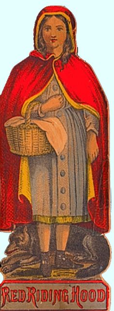 an image of a woman with a basket in her hand and the words red riding hood on it