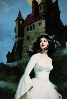 a painting of a woman standing in front of a castle