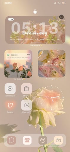 an iphone screen with flowers on it and the time displayed in different colors, sizes and shapes