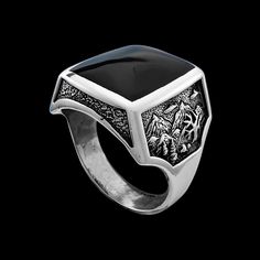 Size 11.5 - Sterling Silver Mountain Scene Square Inlay Ring. The top of this ring is inlaid with black resin. This ring measures approximately 3/4" of an inch tall and 5/8" of an inch wide.  Made proudly in the USA Black Inlay Jewelry As A Gift, Black Jewelry With Inlay For Gift, Formal Black Engraved Ring With Polished Finish, Black Engraved Ring With Polished Finish For Formal Occasions, Hallmarked Black Rectangular Rings, Rectangular Black Hallmarked Ring, Black Sterling Silver Symbolic Jewelry, Formal Black Enamel Ring With Polished Finish, Black Enamel Ring With Polished Finish For Formal Occasions