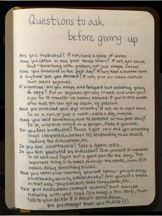 an open book with writing on it that says, questions to ask before giving up