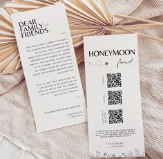 two bookmarks sitting on top of a bed next to each other with the words dear family friends written on them