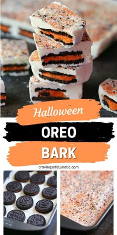 Collage image featuring photos of oreo bark made with Halloween Oreo cookies. Top image is pieces of the bark spread out and stacked on a dark counter with a slab of the bark in the background. Bottom left image is the bark being made by layering chocolate and oreo cookies in a pan. Bottom right image is the bark in a pan with Halloween colored sprinkles over top. Easy Halloween Goodies, Cute Easy Treats, Fall Themed Baking Ideas, Halloween Oreos Ideas, Halloween Easy Baking Ideas, Halloween Bake Sale Ideas Fundraiser, Spooky Desert Ideas, Easy Halloween School Treats, Halloween Treats For A Crowd