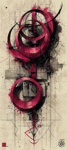 an abstract painting with red and black lines on it's surface, including the letter g