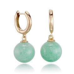 These elegant earrings feature a yellow gold huggie hoop set with a smooth apple green jade bead. Throughout history, jade has been more highly prized in Asia than any other gemstone. Once considered more precious than gold, jade is believed to possess spiritual and mystical properties. Gump's Signature jewelry features only the finest materials and each piece is created to our exacting standards. Apple green jade, 10mm. 14-karat yellow gold. Pierced only. 1" long. Elegant Jade Hoop Earrings, Elegant Green Huggie Jewelry, Yellow Gold Jade Earrings, Elegant Green Dangle Huggie Earrings, Elegant Green Hoop Huggie Earrings, Modern Yellow Gold Jade Jewelry, Elegant Green Huggie Hoop Earrings, Elegant Green Huggie Earrings, Elegant Round Hoop Earrings With Emerald