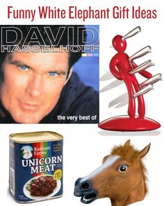 a red horse head, a can of food and a plastic man figure with the words funny white elephant gift ideas