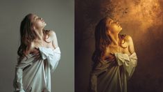 two pictures of women in white dresses one is looking up and the other has her hands on her chest