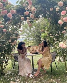 two women sitting at a table in the middle of a rose covered garden, talking