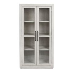 a white bookcase with glass doors on the front and bottom shelves in grey wood