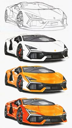 an orange and white car is shown in three different views