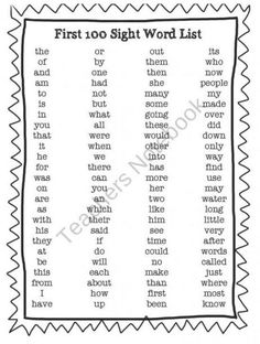 the first ten sight word list is shown in black and white, with words that spell out