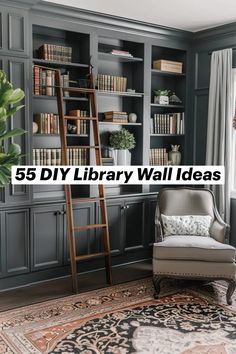 A DIY Rolling Library Ladder is both a functional and stylish addition to your home libraryThis ladder is mounted on a trackallowing it to slide along the length of your bookshelf for easy access to higher shelvesA rolling library ladder adds a touch of classic charm and sophistication to your spacemaking it perfect for tall bookcases or wall-to-wall shelvingThis design is ideal for those who want to combine practicality with a timelesselegant aesthetic. Wall Bookshelves Office, Office Bookcase Design, In Home Library With Ladder, Library Shelving Design, Library Ladder Bookcase, How To Style A Home Library, Kitchens With Library Ladders, Bookshelves With Ladder Built Ins, Diy Built In Library Wall