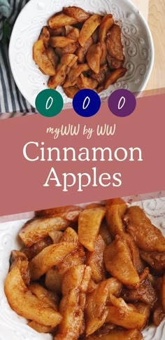 cinnamon apples in white bowls on a table with text overlay that reads, my favorite way to make cinnamon apples