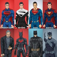 the evolution of batman and superman's costumes in different colors, sizes and shapes