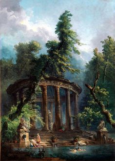 a painting of people sitting on steps in front of a gazebo