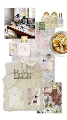 a collage of different items including flowers, food and bath products in pink tones