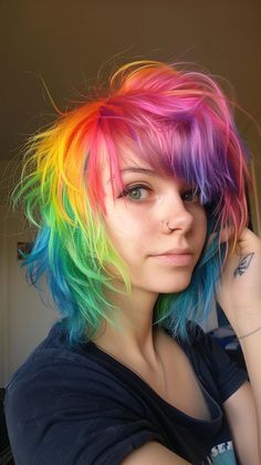 Layered Colored Hair Dyes, Multi Color Hair Dye Techniques For Short Hair, Rainbow Vivid Hair, Layered Rainbow Hair, Rainbow And Blonde Hair, Rainbow Hair Placement, Multi Colored Short Hair, Rainbow Wolfcut, Primary Color Hair