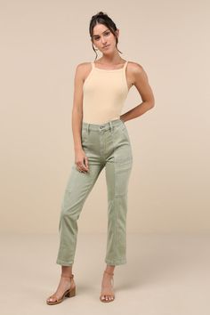 Let's get this straight, the Daze Denim Straight Up Olive Green High-Rise Straight Cropped Cargo Jeans are the bee's knees! Slightly stretchy denim (in Daze Denim's Matcha Wash) constructs these on-trend jeans with a high waist, belt loops, and a classic five-pocket cut. A branded top button and hidden zip fly sit above the straight pant legs that feature cargo-inspired seam detailing, along with porkchop pockets at the front, back patch pockets, and bonus side utility pockets. Subtle fading and Jean Trends, Cargo Jeans, Best Jeans, Weekend Outfit, Straight Pants, Y2k Fashion, High Waisted Denim, Short Girls, Bottom Clothes