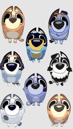 six cartoon dogs with different expressions on their faces, all in different colors and sizes