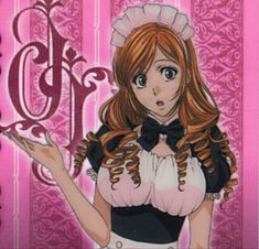 an anime character with long red hair wearing a maid outfit and holding her hand out