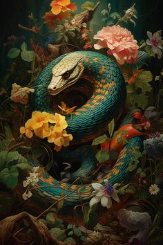 a painting of a snake in the middle of flowers