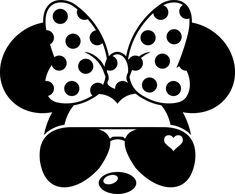 a minnie mouse with sunglasses and a polka dot bow on it's head, in black and white