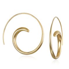 Gold Earrings - Simple and exquisite, these gracefully tapered swirls of 18k gold vermeil curve into an elongated ear wire, creating a flowing hoop silhouette.<br><br><b>Dimensions: <b><br>Medium: 1.13dia.<br>Large: 1.5dia. Elegant Yellow Gold Swirl Earrings, Gold Curved Jewelry With A Modern Twist, Gold Jewelry With A Modern Curved Design, Elegant Gold Spiral Wrap Earrings, Elegant Swirl Hoop Earrings As Gift, Gold Swirl Earrings With Ear Wire, She Sells Seashells, Nautilus Shell, Swirl Earrings