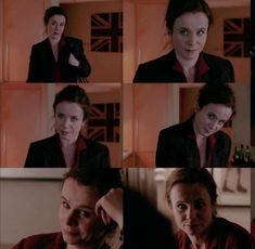 a series of photos showing a woman in red shirt and black jacket with her hand on her head