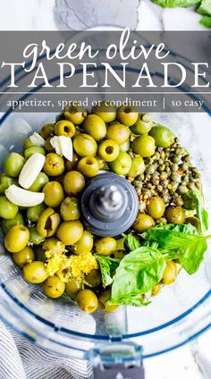 green olives in a food processor with text overlay