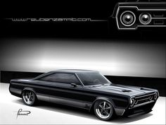 a black and white photo of an old muscle car