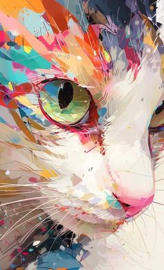 a painting of a cat's face with colorful paint splatters all over it