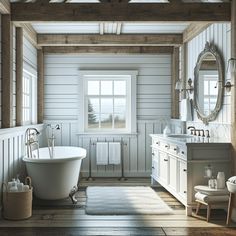 Create a highly detailed and realistic image of a modern cottage style bathroom. The color scheme should be crisp and clean, suggesting hues of white and soft blues. High-end fixtures in brushed nickel finish can be added for a modern touch, alongside a freestanding vanity with a marble countertop. A large window letting in natural light and an ornate mirror hanging above the sink is needed. The floors should be of reclaimed wood, warmly adding to the rustic appeal.