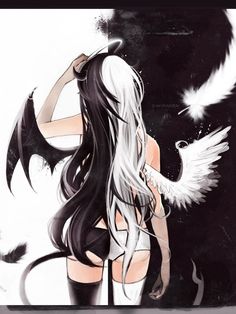 a drawing of a woman with long white hair and black wings on her back, standing in front of a dark background